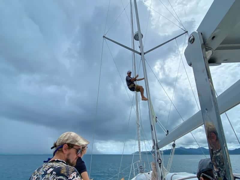 Rigging inspection during the sea trial Raiatea French Polynesia