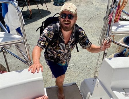 Sami comes back to the boat after shopping - Raiatea French Polynesia