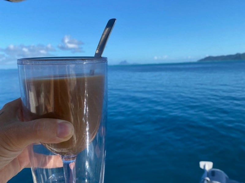 Morning coffee scenery with Bora Bora and Tahaa