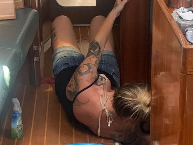 Cleaning is a workout onboard of our new sailboat!