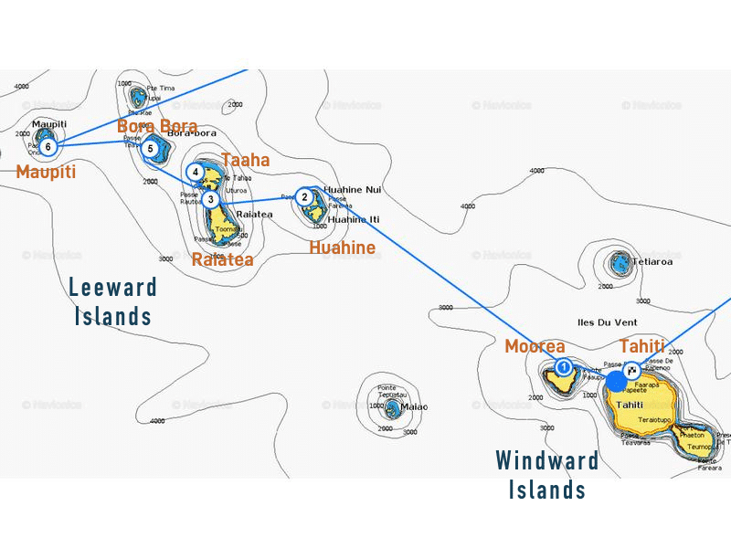 Route plan for sailing in the Society Islands, French Polynesia