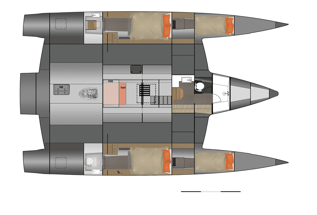 Vue-de-dessus-II-1024×696 Used boat Neel 47 Trimaran for sale in Tahiti cabin layout
