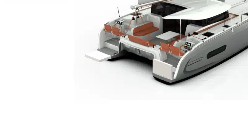 Folding transom on future catamaran Future Excess catamaran design